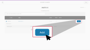 A student's course planner in Xello. Next to Math 6, the cursor is clicking Add to add math to the course plan.